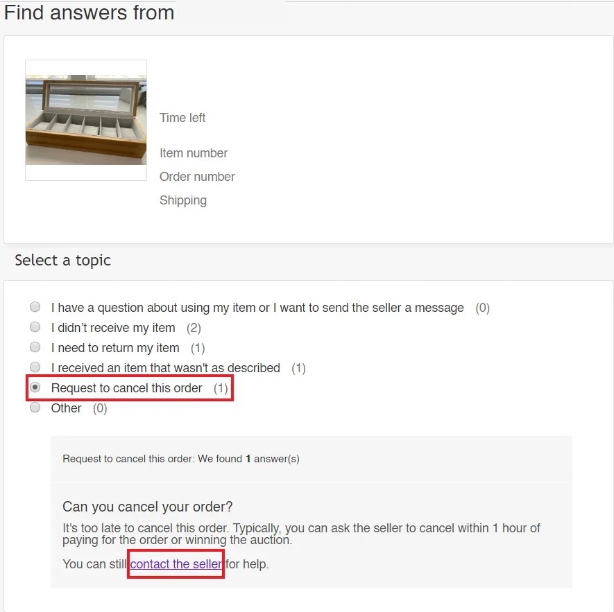 eBay Contact seller screen with the request to cancel this order option for a buyer