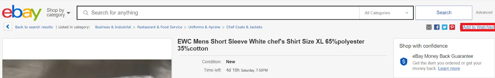 The Add to Watchlist button on an eBay listing page