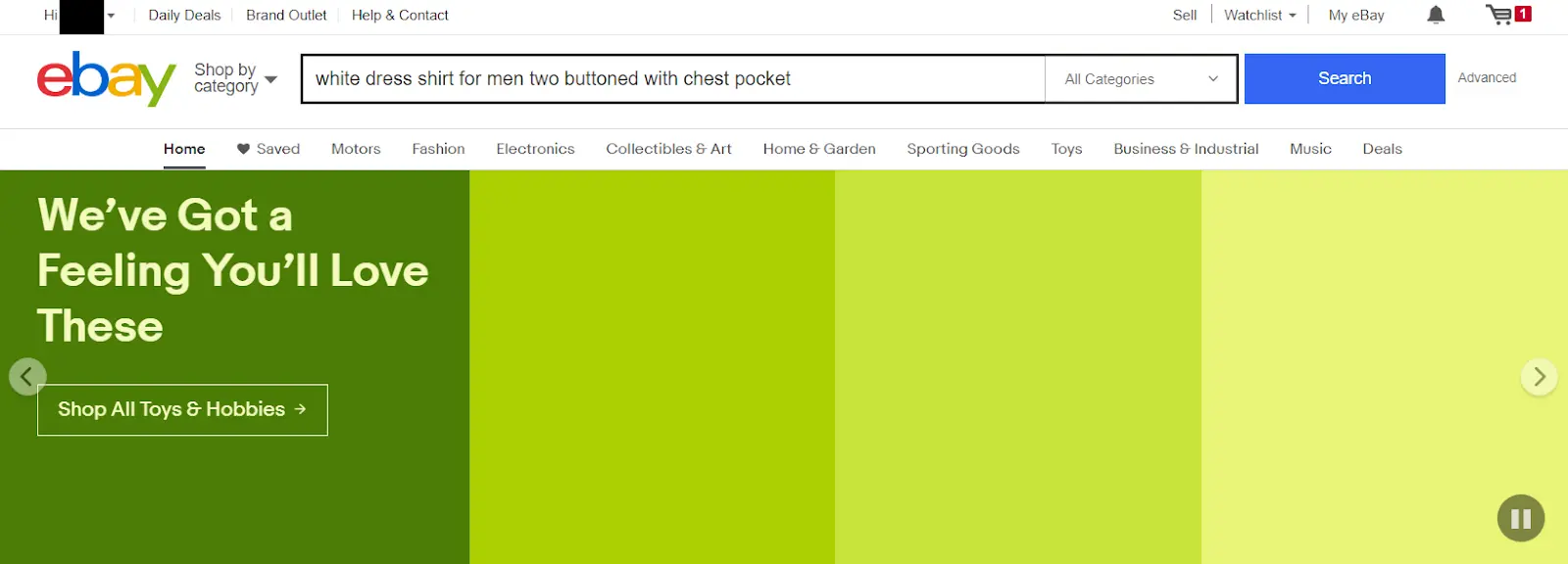 eBay search results for a long full-sentence query returning almost no matching listings