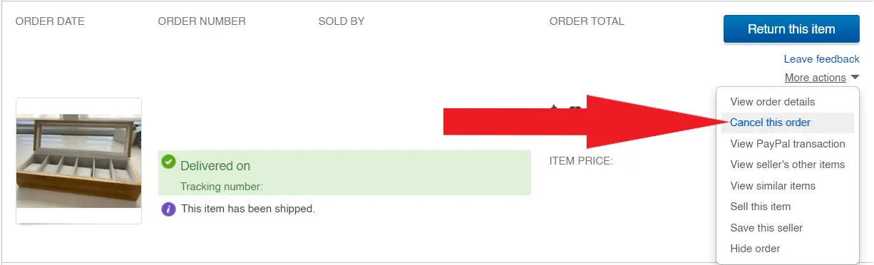 eBay Purchase history page listing a recent order a buyer wants to cancel